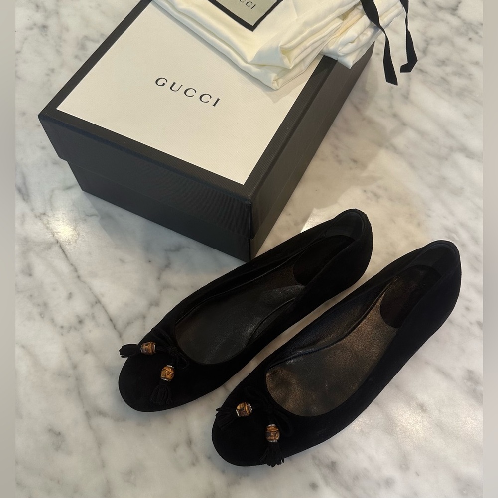 Gucci flats / ballerinas shoes in black suede with tassels & bamboo - Women's 37
